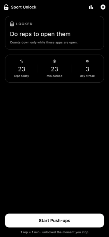 Sport Unlock home screen: the chosen apps are locked, with reps today, minutes earned and day streak below.