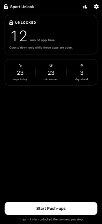 Home screen with unlocked app time.