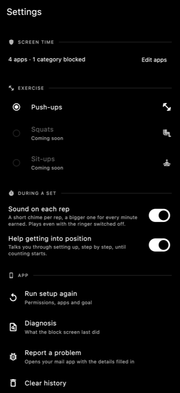 Settings: blocked apps, exercise, sound, positioning guidance.